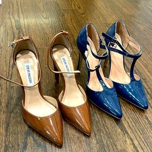 Size 6.5 camel patent and navy patent 3 inch heels. Worn once.